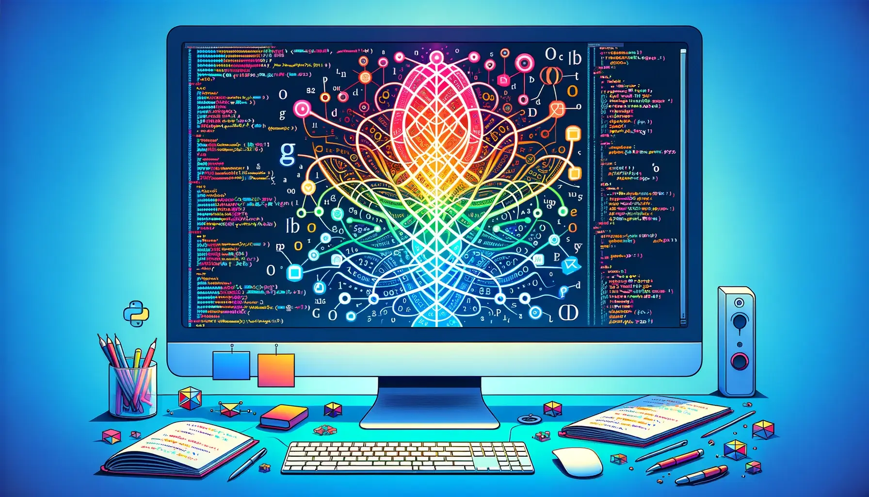 Illustration of a monitor showing a colorful state-transition diagram flanked by code listings, with a Python logo on the desk.