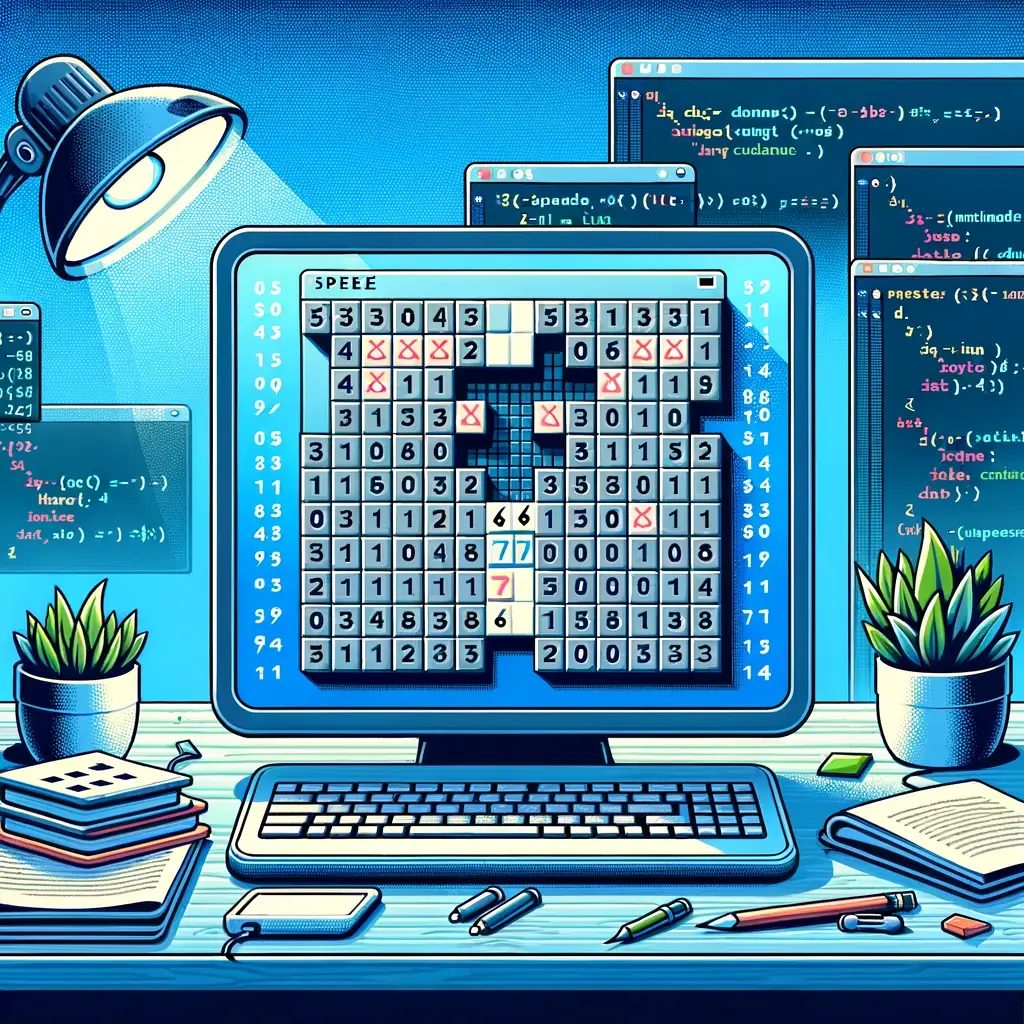 Illustration of a desktop computer displaying a Minesweeper board with numbered cells, flags, and revealed mines, surrounded by code editor windows.