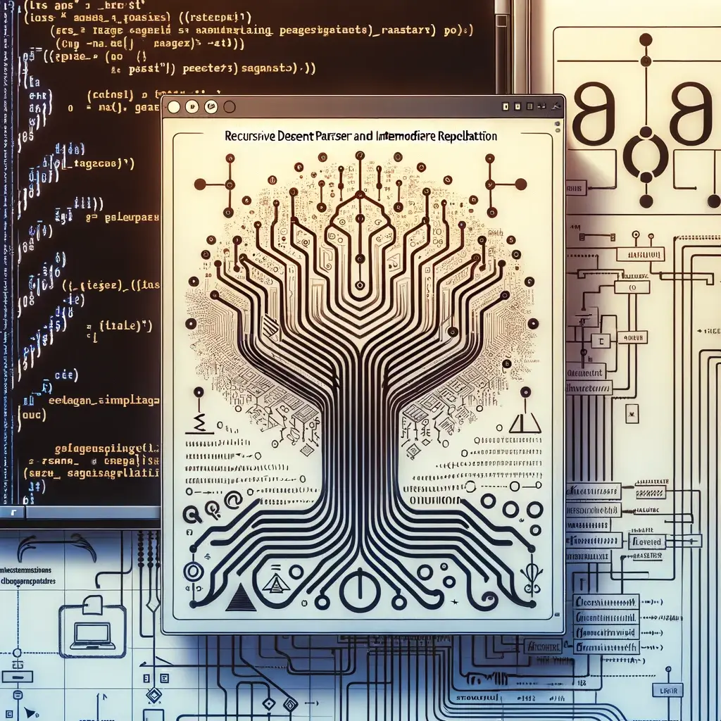 Illustration of a parse tree drawn as branching circuit-like paths in a window titled Recursive Descent Parser and Intermediate Representation, with code and diagrams behind it.