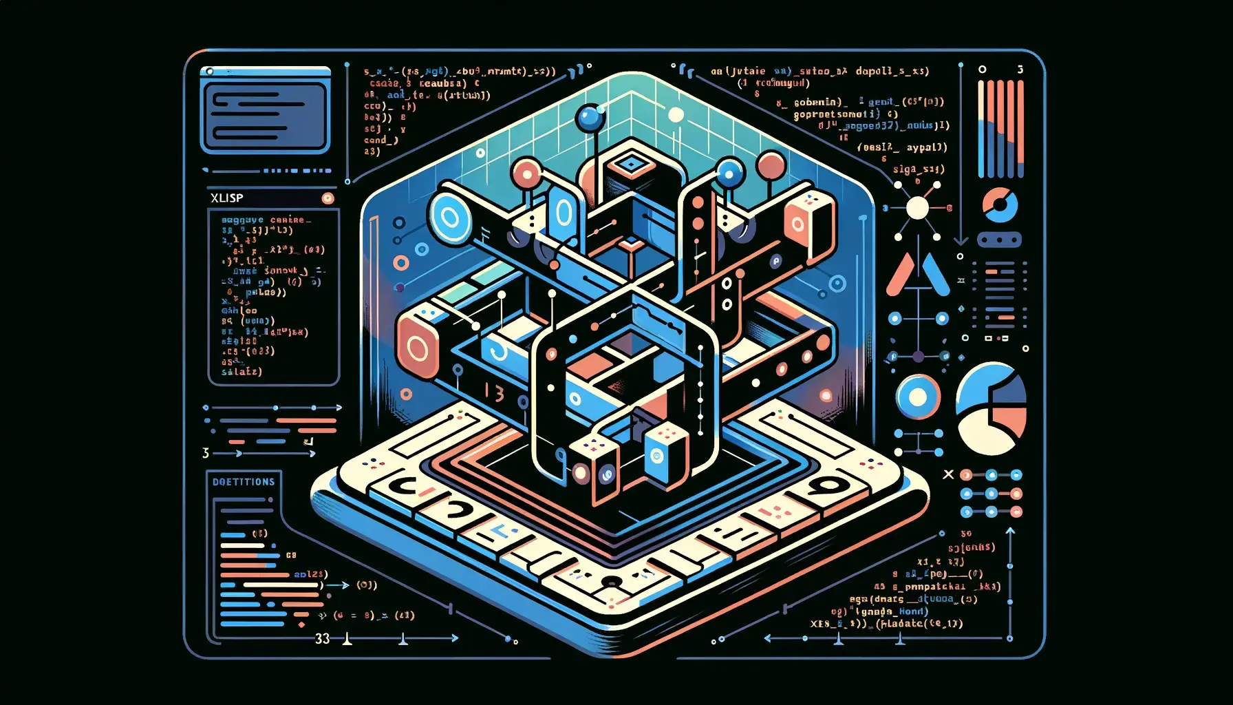 Stylized illustration of an isometric state-machine diagram labeled xLisp, surrounded by Lisp code snippets and small transition graphs.